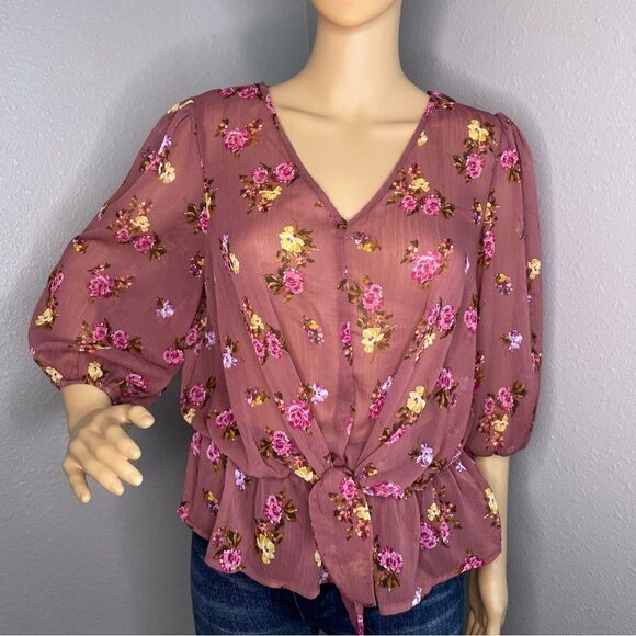 Lily White Floral 3/4 Sleeve Front Knot Blouse Wine With Yellow Pink Flowers Lrg - Picture 2 of 11